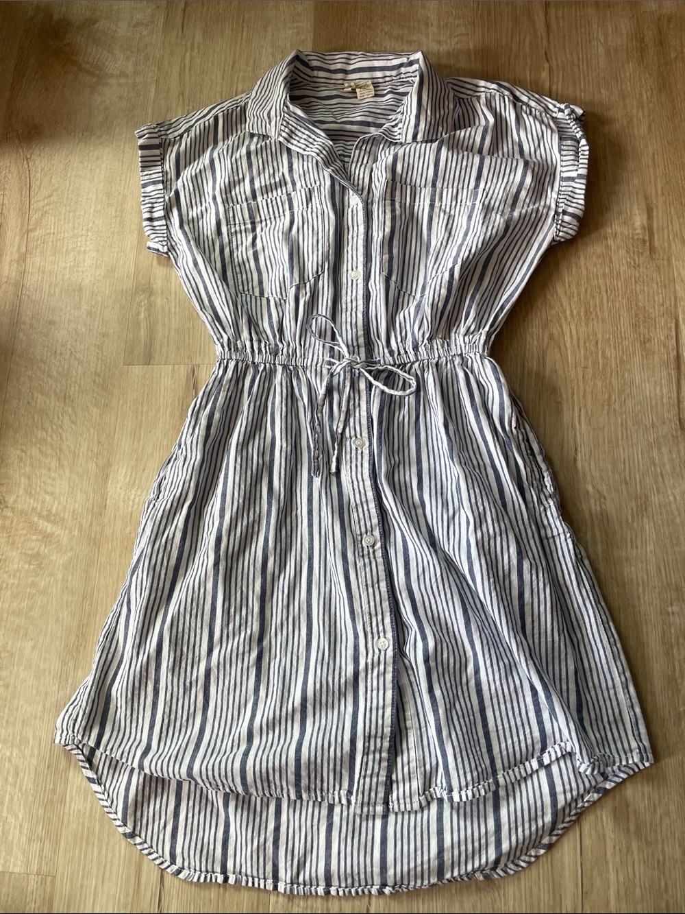 Japna Blue and White Striped Button-Front Mini Dress swim coverup with pockets